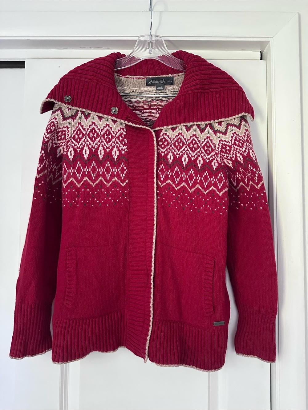 Eddie Bauer Red Fair Isle Shawl-Collar Zip-Front Cardigan